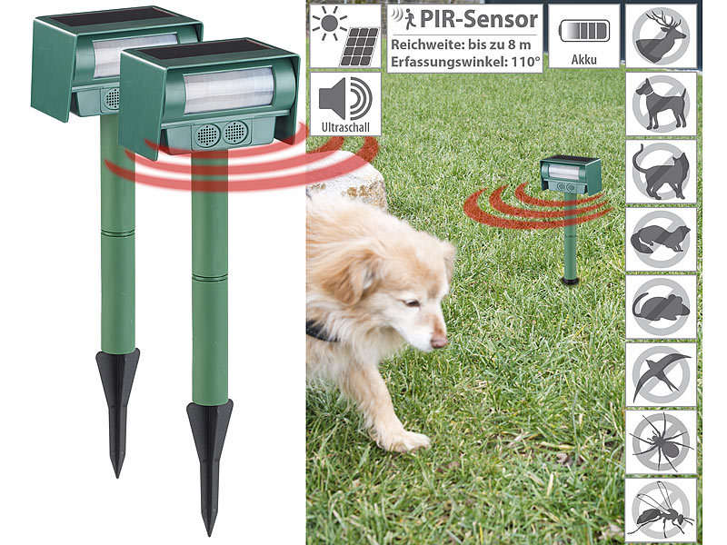 Royal Gardineer Hundeschreck Ultraschall: Ultraschall-Tierschreck gegen Hunde PIR-Sensor Nager & Co Solar Hunde vertreiben Ultraschall 